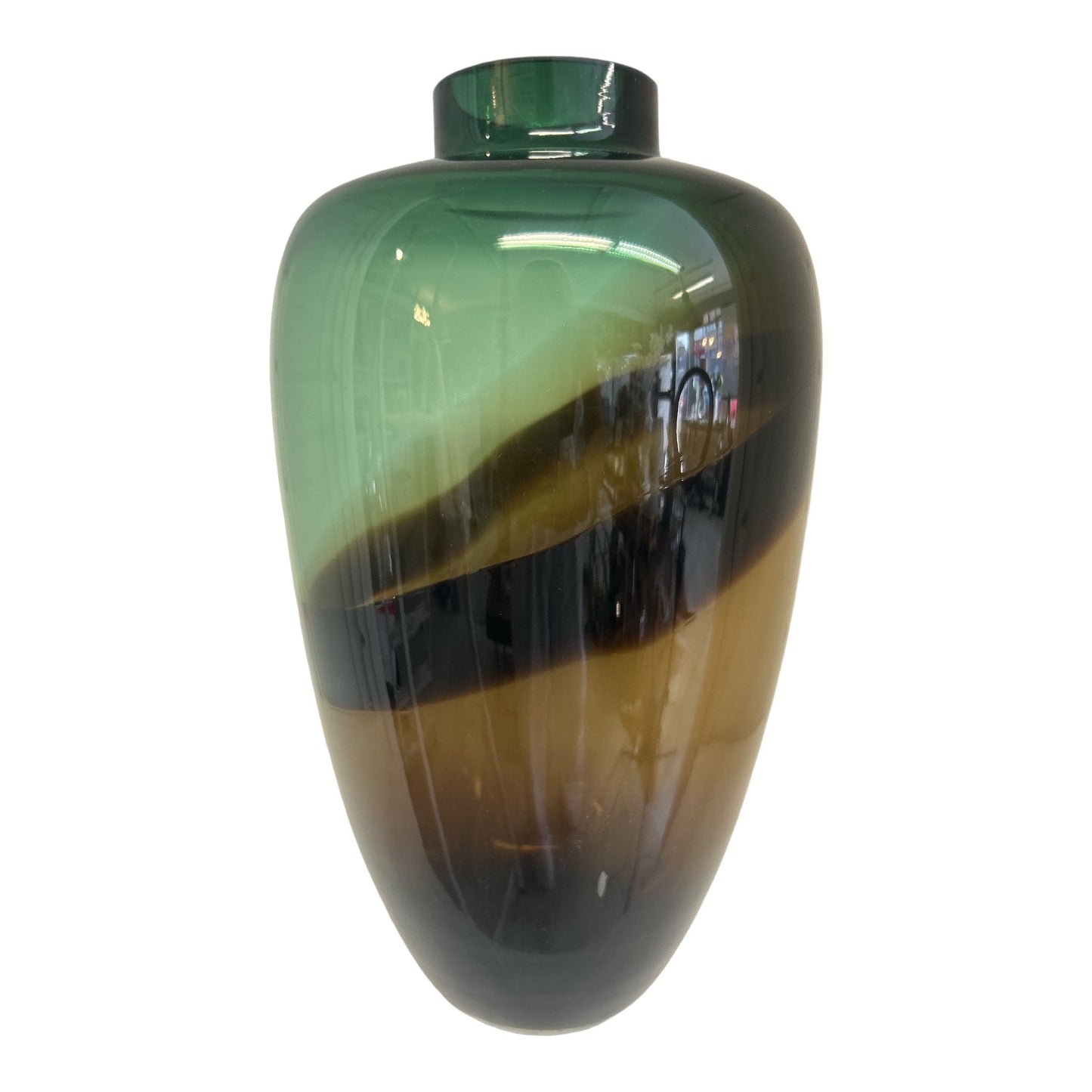 handgeblasene Glasvase in grün/braun (B 22cm x H 38cm)