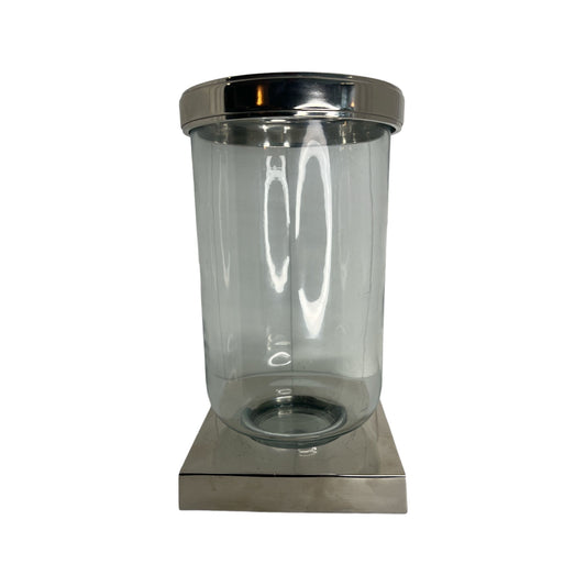 Windlicht - Aluminium poliert mit quadratischem Fuss und Schutzrand (B17cm x H30cm)