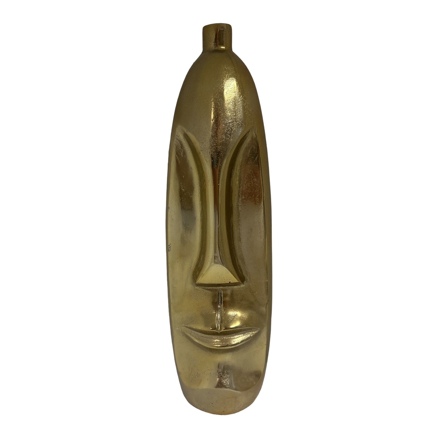 Längliche goldfarbene Vase in der einzigartigen Form eines Gesicht
